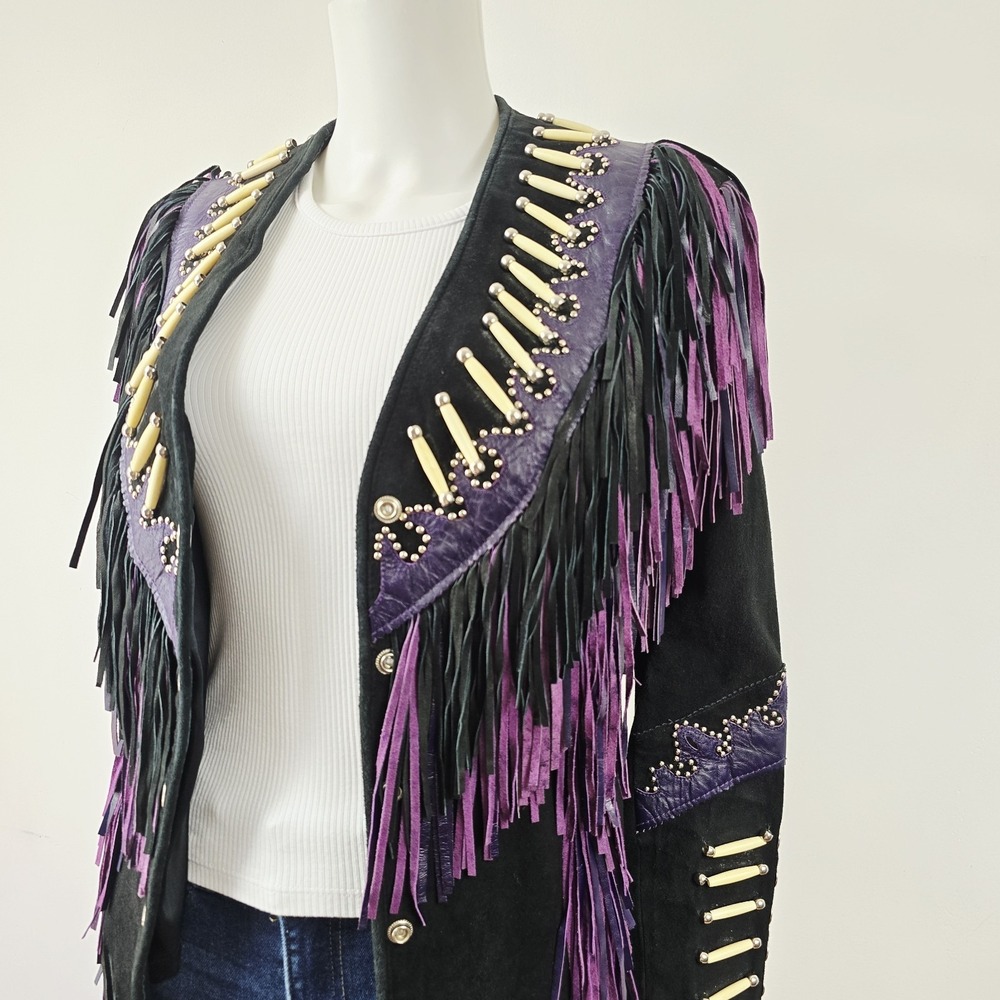 Leather Gallery Western Fringe Suede Jacket Cowgirl Southwest Beaded Size M Snap - Picture 4 of 15